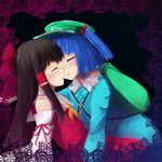  akai_ronii backpack bad_id bad_pixiv_id bag black_hair blue_hair closed_eyes hakurei_reimu imminent_kiss kawashiro_nitori key long_hair multiple_girls short_hair sketch touhou two_side_up yuri 