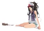  :d bad_id bad_pixiv_id bag bare_shoulders barefoot baseball_cap brown_hair denim denim_shorts exposed_pocket green_eyes hat kange open_mouth poke_ball pokemon pokemon_(game) pokemon_bw ponytail shorts sitting smile solo touko_(pokemon) vest yokozuwari 