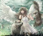  angel angel_wings animal bird brown_hair dress eagle feathers flower hair_flower hair_ornament highres koukyou long_hair original sky solo white_dress wings wolf 