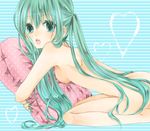  1girl anome aqua_eyes aqua_hair fair_skin hatsune_miku heart hug long_hair looking_at_viewer makeup nail_polish nude open_mouth partial_character_shape pillow pillow_hug pillow_hugging polka_dot polka_dots simple_background solo straight_hair striped striped_background twintails very_long_hair vocaloid white_skin 