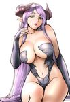  bare_shoulders breasts cleavage curvy demon demon_girl green_eyes highleg horns large_breasts legs lips lipstick long_hair makeup mole mole_under_mouth navel original pointy_ears purple_hair sitting solo succubus thighs ueyama_michirou very_long_hair wide_hips 