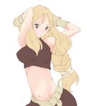  armpits arms_behind_head bangs blonde_hair braid breasts class_change dancer dancer_(fft) final_fantasy final_fantasy_tactics kazamidori_(lumq) long_hair medium_breasts midriff navel ovelia_atkascha shirt simple_background single_braid solo taut_clothes taut_shirt 