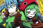  aqua_eyes aqua_hair gloves green_eyes green_hair gumi hatsune_miku hood hoodie kurifuto long_hair matryoshka_(vocaloid) multicolored multicolored_eyes multiple_girls short_hair smile twintails vocaloid 