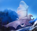  2018 absurd_res claws day detailed_background deviant-soulmates digital_media_(artwork) dragon feral hair hi_res membranous_wings outside scales scalie sky solo western_dragon white_hair white_scales wings 