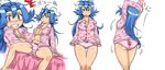  1girl alternate_hairstyle ass back-print_panties bed blue_hair blush bow bow_panties breasts cleavage clenched_teeth drooling embarrassed empty_eyes ibuki_(pokemon) kitsune-tsuki_(getter) large_breasts long_hair multiple_views no_bra no_pants open_clothes open_shirt panties pants pink_panties plump pokemon pokemon_(game) pokemon_gsc print_panties saliva shiny shirt sitting sleepy slovenly spread_legs surprised teeth thigh_gap thighs underwear 