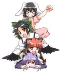  &gt;_&lt; animal_ears annoyed black_hair bow braid bunny_ears cat_ears clenched_hand closed_eyes dogpile extra_ears grin hair_bow highres human_tower inaba_tewi kaenbyou_rin kairakuen_umenoka lavender_hair long_hair multiple_girls open_mouth raised_fist red_eyes red_hair reisen_udongein_inaba reiuji_utsuho short_hair smile stacking star touhou twin_braids wings 