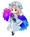  blush bug butterfly chibi fan folding_fan hat insect pink_hair red_eyes saigyouji_yuyuko short_hair smile solo touhou transparent_background yamabuki_(yusuraume) 