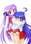  ahoge ass blue_eyes blue_hair blush frown green_eyes hair_ribbon hiiragi_kagami hug izumi_konata kogaku_kazuya long_hair lucky_star multiple_girls panties pantyshot pleated_skirt purple_hair ribbon ryouou_school_uniform school_uniform serafuku skirt tsurime twintails underwear very_long_hair yuri 