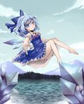  barefoot blue_eyes blue_hair bow cirno dress feet flying hair_bow hands ice lake nekomoto pointing short_hair snowflakes solo touhou water wings 