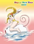  2008 animal ass barefoot blonde_hair feet hajime_(caramel_toone) kasugano_urara_(yes!_precure_5) looking_back mouse new_year one-piece_swimsuit precure rainbow_text smile solo swimsuit twintails water yellow_eyes yes!_precure_5 