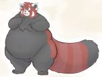  ailurid anthro belly belly_overhang big_belly black_fur catarsi chubby_cheeks claws fluffy fluffy_tail fur love_handles male mammal moobs navel nude obese obese_male open_mouth overweight overweight_male red_fur red_panda simple_background solo standing thick_thighs white_background white_fur wide_hips 