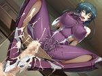  1boy 1girl blue_hair cameltoe censored cum cum_on_clothes feet female femdom fishnet fishnets footjob game_cg girl igawa_asagi indoors kagami kagami_hirotaka lilith-soft naughty_face penis pussy_juice taimanin_asagi taimanin_murasaki 