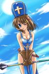 ;p blue_eyes breasts brown_hair cleavage cosplay day dragon_quest dragon_quest_iii gloves hair_ornament hat highres lyrical_nanoha mahou_shoujo_lyrical_nanoha_strikers medium_breasts mitre naked_tabard one_eye_closed priest_(dq3) priest_(dq3)_(cosplay) san-pon sky solo tabard tongue tongue_out x_hair_ornament yagami_hayate 