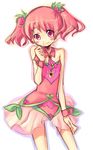  bare_legs bare_shoulders blush eyebrows flower hair_flower hair_ornament original pink_eyes pink_hair sasyan short_twintails simple_background smile solo twintails wrist_cuffs 