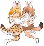  2girls animal_ears belt blonde_hair bow bowtie brown_hair cat_ears cat_girl cat_tail dhole_(kemono_friends) elbow_gloves extra_ears gloves jumping kemono_friends kemono_friends_3 kneehighs looking_at_viewer multiple_girls official_art one_eye_closed open_mouth serval_(kemono_friends) shirt shoes short_hair skirt sleeveless sleeveless_shirt socks tail transparent_background wolf_ears wolf_girl wolf_tail 