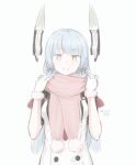  1girl dated dress grey_hair hair_ribbon headgear hikashima_(shiofune) kantai_collection long_hair looking_at_viewer murakumo_(kancolle) murakumo_kai_ni_(kancolle) necktie orange_eyes pink_scarf red_necktie ribbon sailor_dress scarf short_eyebrows sidelocks signature simple_background smile solo strapless strapless_dress tress_ribbon upper_body white_background 