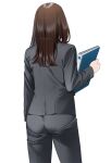 1girl brown_hair business_suit commentary cowboy_shot facing_away folder formal from_behind grey_jacket grey_pants holding holding_folder jacket long_hair long_sleeves mattaku_mousuke original pants pantylines simple_background solo suit twitter_username white_background 
