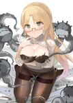  1girl abyssal_ship black_panties blonde_hair blush breasts brown_pantyhose chocolate chocolate_on_body chocolate_on_breasts closed_mouth enemy_naval_mine_(kancolle) food_on_body glasses green_eyes kantai_collection large_breasts long_hair long_sleeves northampton_(kancolle) panties panties_under_pantyhose pantyhose semi-rimless_eyewear shin_(new) shirt sitting smile tentacles thighband_pantyhose underwear wariza white_shirt 