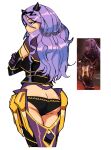  1girl 3amsoda absurdres armor ass black_panties boots butt_crack camilla_(fire_emblem) crossed_arms english_commentary expressionless fake_horns fire_emblem fire_emblem_fates from_behind greaves highres horns long_hair looking_to_the_side panties purple_eyes purple_footwear purple_hair reference_inset screencap_inset simple_background solo thigh_boots underwear white_background 