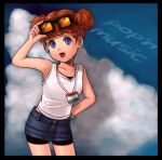  1girl adjusting_eyewear bangs bike_shorts blue_eyes brown_hair cloud copyright_name denim denim_skirt goggles goggles_on_head hand_on_hip hungarian_flag jewelry lowres necklace open_mouth pop&#039;n_music shirt short_twintails skirt solo tsubasa_(pop&#039;n_music) twintails uniquedog101 white_shirt wristband 