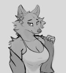  2022 anthro breasts canid canine cheek_tuft cleavage clothed clothing digital_media_(artwork) eyebrows facial_tuft female fur greyscale half-length_portrait hi_res jacket looking_at_viewer mammal monochrome portrait schmutzo shirt simple_background solo tank_top topwear tuft undressing 