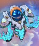  1boy astronaut astronaut_xerath blue_skin claws colored_skin creature glowing glowing_eyes gradient_background green_eyes hands_up league_of_legends magic multicolored_background phantom_ix_row solo space_helmet xerath 