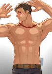  1boy abs against_glass bara character_request copyright_request hand_on_glass hidora_art highres large_pectorals looking_at_viewer male_focus muscular muscular_male nipples pectoral_press pectorals pectorals_on_glass short_hair sideburns solo stomach topless_male 