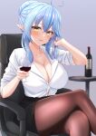  1girl :d absurdres black_pantyhose blue_hair bottle breasts button_gap chair cleavage collarbone collared_shirt crossed_legs cup dress_shirt drink drinking_glass hand_in_own_hair hands_up heckler_kai high-waist_skirt highres holding holding_cup holding_drink hololive indoors large_breasts miniskirt office_chair office_lady open_mouth pantyhose partially_unbuttoned pencil_skirt pointy_ears red_wine shirt shirt_tucked_in sitting skirt sleeves_rolled_up smile solo swivel_chair thighs virtual_youtuber white_shirt wine_bottle wine_glass yukihana_lamy 