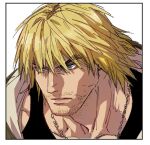  1boy bara black_hair black_tank_top blonde_hair facial_hair frown ken_masters male_focus muscular muscular_male pectorals portrait short_hair solo street_fighter street_fighter_6 stubble tank_top yuiofire 