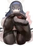  1girl absurdres black_hair blue_archive blush chocolate feet foot_focus highres kilabo looking_at_viewer navel panties panties_under_pantyhose pantyhose purple_eyes simple_background soles solo thighs toes ui_(blue_archive) underwear white_background 