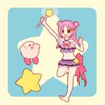  1girl bangs bare_shoulders barefoot bikini blush bow clenched_hand crossover double_bun frilled_bikini frills full_body hair_bun hair_ornament holding holding_wand kirby kirby_(series) magia_record:_mahou_shoujo_madoka_magica_gaiden mahou_shoujo_madoka_magica midriff misono_karin misono_karin_(swimsuit_costume) navel official_alternate_costume open_mouth parted_bangs pink_bow pink_eyes purple_bikini purple_hair rioran smile solo standing standing_on_one_leg star_(symbol) star_hair_ornament swimsuit wand 
