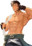  1boy abs bara belly brown_hair character_request clothes_around_waist copyright_request cowboy_shot fingerless_gloves gloves hidora_art highres looking_at_viewer male_focus muscular muscular_male no_nipples pectorals short_hair solo stomach sweat topless_male towel wiping_face wiping_sweat 