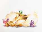  absurdres animal arcanine capsakid closed_eyes dog highres lying no_humans orange_fur pokemon pokemon_(creature) sleeping tinkatink toxel uri_pkmn white_background 