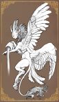  ambiguous_gender anthro black_and_white classical container demon diorionarh feathered_wings feathers hi_res humanoid jar line_art looking_at_another monochrome mythology renaissance sketch solo tail_feathers water wings 