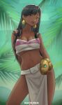  1girl bangs bare_shoulders black_hair breasts brown_eyes chel_(the_road_to_el_dorado) crop_top dark-skinned_female dark_skin earrings highres holding ivana_anemon jewelry lips loincloth long_hair looking_at_viewer navel outdoors pelvic_curtain solo strapless swept_bangs the_road_to_el_dorado thick_thighs thighs treasure tube_top 