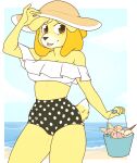  2018 5_fingers alpha_channel animal_crossing anthro beach biped black_nose blonde_hair bottomwear breasts brown_eyes bucket canid canine cleavage clothed clothing cloud container countershade_face countershade_fur countershading digital_media_(artwork) female fingers fur hair hat headgear headwear hi_res high-waisted_shorts holding_bucket holding_container holding_object isabelle_(animal_crossing) looking_at_viewer mammal midriff nintendo open_mouth outside pattern_bottomwear pattern_clothing pattern_shorts portrait sand sea seaside shorts sky solo spots spotted_bottomwear spotted_clothing spotted_shorts standing three-quarter_portrait topwear water white_body white_clothing white_countershading white_tail_tip white_topwear yellow_body yellow_fur zyira 