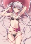  1girl absurdres arms_up black_bow black_bra black_panties blush bow bra breasts gift grey_hair hair_ornament heart heart_pillow highres long_hair looking_at_viewer naked_ribbon navel on_bed original panties pillow rasahan red_eyes red_ribbon ribbon small_breasts solo twintails underwear underwear_only valentine 