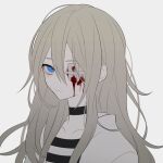  1girl artist_request bandage_over_one_eye bare_arms blonde_hair blood blood_on_face blue_eyes long_hair looking_at_viewer messy_hair non-web_source pale_skin rachel_gardner satsuriku_no_tenshi simple_background solo white_background 