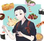  beef black_eyes black_hair dango food food_request hair_pulled_back japanese_clothes karasu_wa_aruji_wo_erabanai natsukihiko_(karasu_wa_aruji_wo_erabanai) onigiri ponytail roe shrimp shrimp_tempura sleeves_rolled_up solo suzusaki02 tasuki tempura upper_body wagashi 