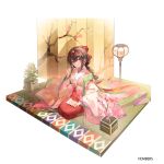  1girl ash_arms bangs blush braid brown_hair character_request cherry_blossom_print cherry_blossoms company_name floral_print flower hair_ribbon highres japanese_clothes kanda_done kimono looking_at_viewer official_art pink_flower red_eyes red_ribbon ribbon seiza simple_background sitting solo white_background 