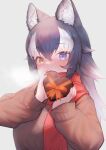  1girl absurdres akuma_(st.takuma) alternate_costume animal_ears blue_eyes blush box brown_sweater commentary grey_background grey_hair grey_wolf_(kemono_friends) hair_between_eyes heart-shaped_box heterochromia highres kemono_friends long_hair long_sleeves looking_at_viewer multicolored_hair red_scarf scarf simple_background solo sweater two-tone_hair white_hair wolf_ears wolf_girl yellow_eyes 