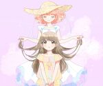  2girls bangs blush bow bracelet brown_eyes brown_hair closed_eyes dress dress_bow eyelashes hat holding_another&#039;s_hair jewelry long_hair multiple_girls parted_lips pop&#039;n_music rie-chan sanae-chan sgwyi short_hair straw_hat white_dress 