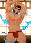  1boy abs arms_up backlighting bara beard black_hair blue_fire dark-skinned_male dark_skin facial_hair feet_out_of_frame fire grin hidora_art highres indoors large_pectorals looking_at_viewer male_focus mature_male muscular muscular_male nipples pectorals ponytail red_fundoshi sandayu_(housamo) scar scar_on_cheek scar_on_face short_hair smile solo stomach sweat thick_thighs thighs tokyo_afterschool_summoners topless_male underwear underwear_only wooden_door 