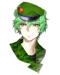  1boy animal_ears beret black_shirt camouflage camouflage_jacket closed_mouth dated flippy_(happy_tree_friends) green_eyes green_hair green_headwear green_jacket happy_tree_friends hat highres jacket mary_felizola military military_uniform portrait shirt signature simple_background solo uniform white_background 