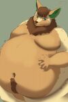  anthro artist_name belly big_belly blue_eyes brown_hair brown_nose front_view fur glistening glistening_eyes green_background green_inner_ear hair half-length_portrait hand_on_stomach hi_res huge_belly male moobs mouth_closed navel obese obese_anthro obese_male orange_body orange_fur overweight overweight_anthro overweight_male portrait roobin simple_background solo tan_body tan_fur 