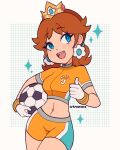  1girl ball blue_eyes brown_hair cremanata crown gloves highres mario_(series) medium_hair midriff open_mouth orange_shirt orange_shorts princess_daisy shirt shorts simple_background soccer_ball teeth thumbs_up upper_teeth_only white_gloves 