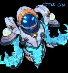  1boy astronaut astronaut_xerath black_background blue_skin claws colored_skin creature glowing glowing_eyes green_eyes hands_up league_of_legends magic phantom_ix_row simple_background solo space_helmet xerath 