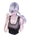  1girl black_tank_top chainsaw_man cigarette eyepatch flowersbloodart grey_hair highres holding holding_cigarette long_hair looking_at_viewer parted_lips ponytail quanxi_(chainsaw_man) simple_background solo tank_top white_background 