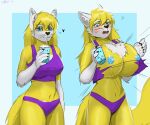  absurd_res akatosh anthro big_breasts blue_eyes blue_nipples blush breast_expansion breasts canid canine clothing clrfoolished expansion female fox fur hair hi_res huge_breasts mammal nipples simple_background solo torn_clothing white_body white_fur yellow_body yellow_fur 