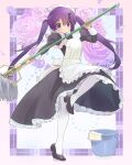  1girl alternate_costume bangs black_footwear bucket commentary_request enmaided floral_background frills full_body gochuumon_wa_usagi_desu_ka? hair_between_eyes hair_ornament hairclip highres holding holding_mop juliet_sleeves kyarahiba long_hair long_sleeves looking_at_viewer maid mop pantyhose puffy_sleeves purple_eyes purple_hair shoes smile solo standing standing_on_one_leg tedeza_rize twintails white_pantyhose 